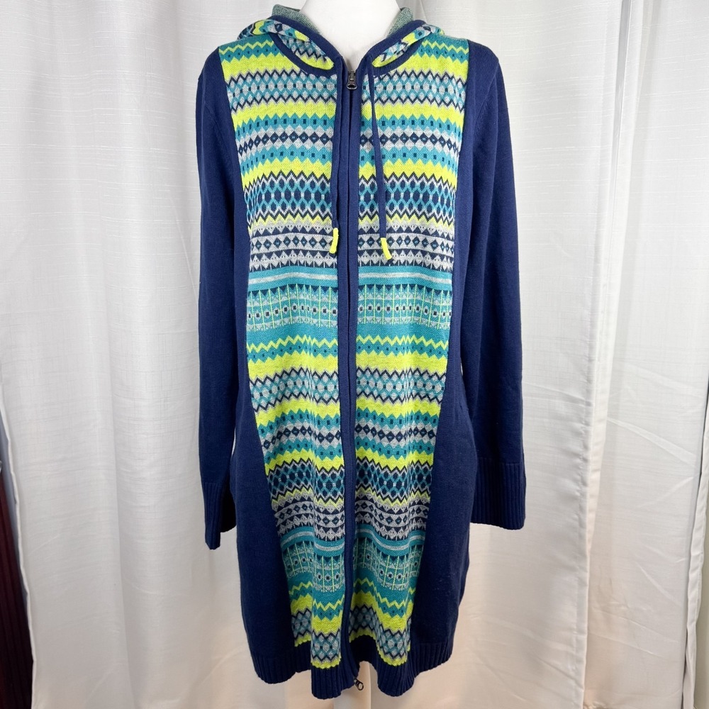 Title Nine Women's XL Merino Wool Hooded Dress Full Zip Pockets Blue and Green